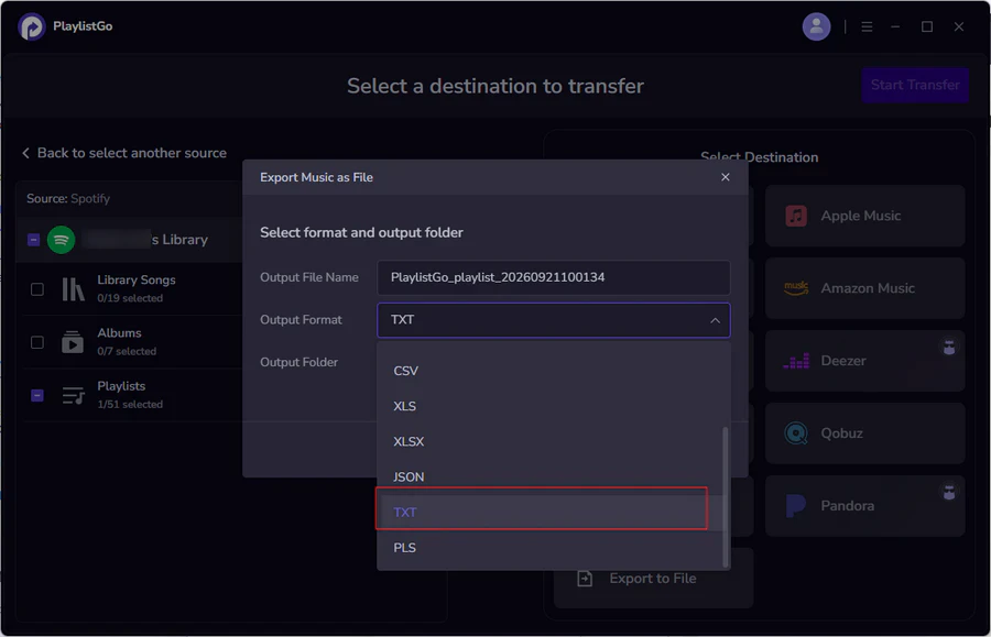 Choose TXT as the export format in PlaylistGo