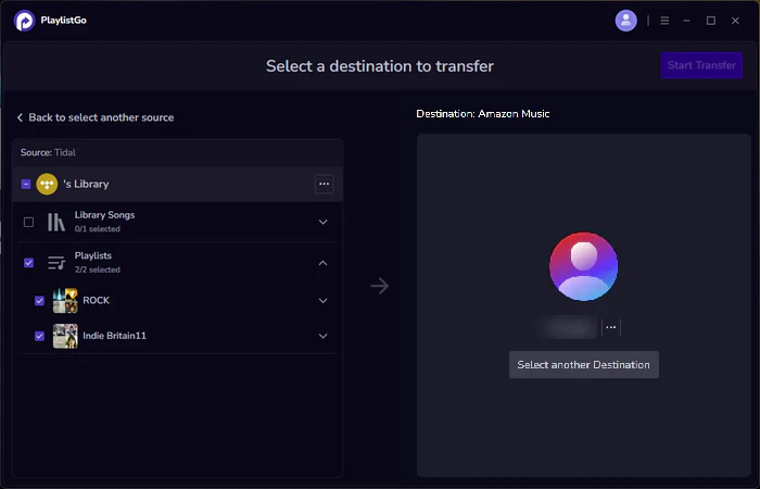 choose amazon music as destination