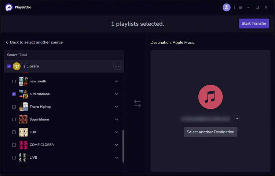choose apple music as destination