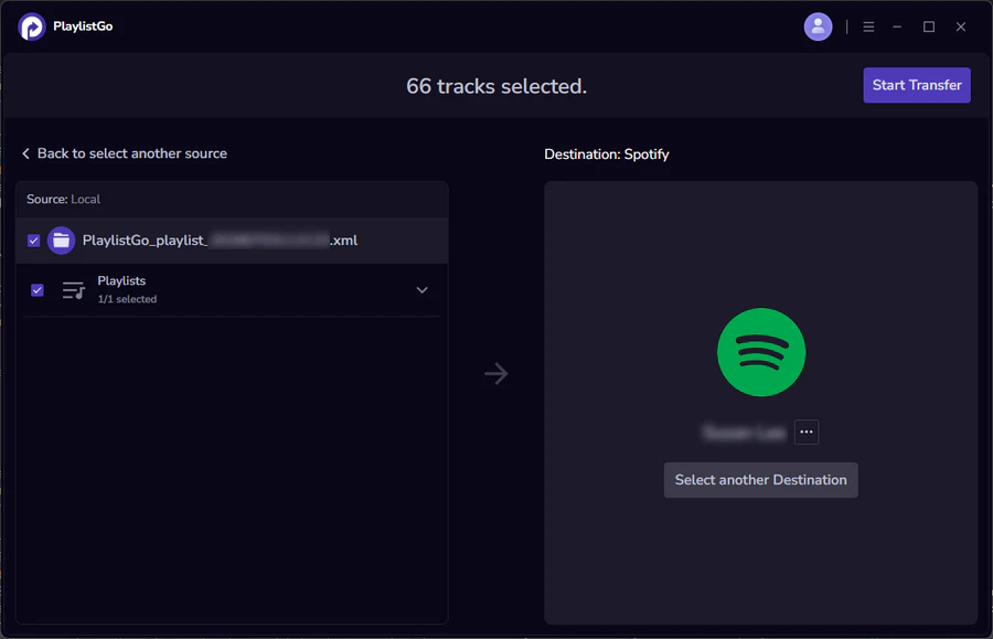 Select Spotify as destination platform in PlaylistGo for XML import